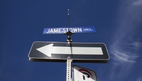 A street sign labels Jamestown Cres. in Rexdale, Ont.
