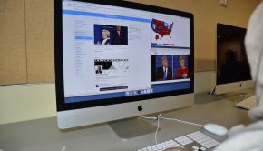 A computer screen with the U.S. presidential candidates on Twitter and Youtube